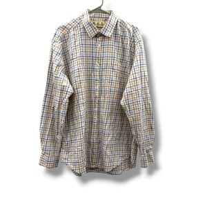 Barbour Odell Shirt Mens Large Blue Tan Plaid Cotton Button Down MSH3543BL54